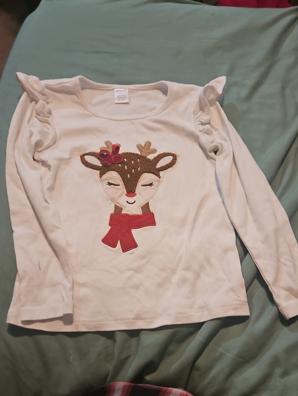 Gymboree Girls' White Long-Sleeve Reindeer Top with Red Bow Accent - Size 7